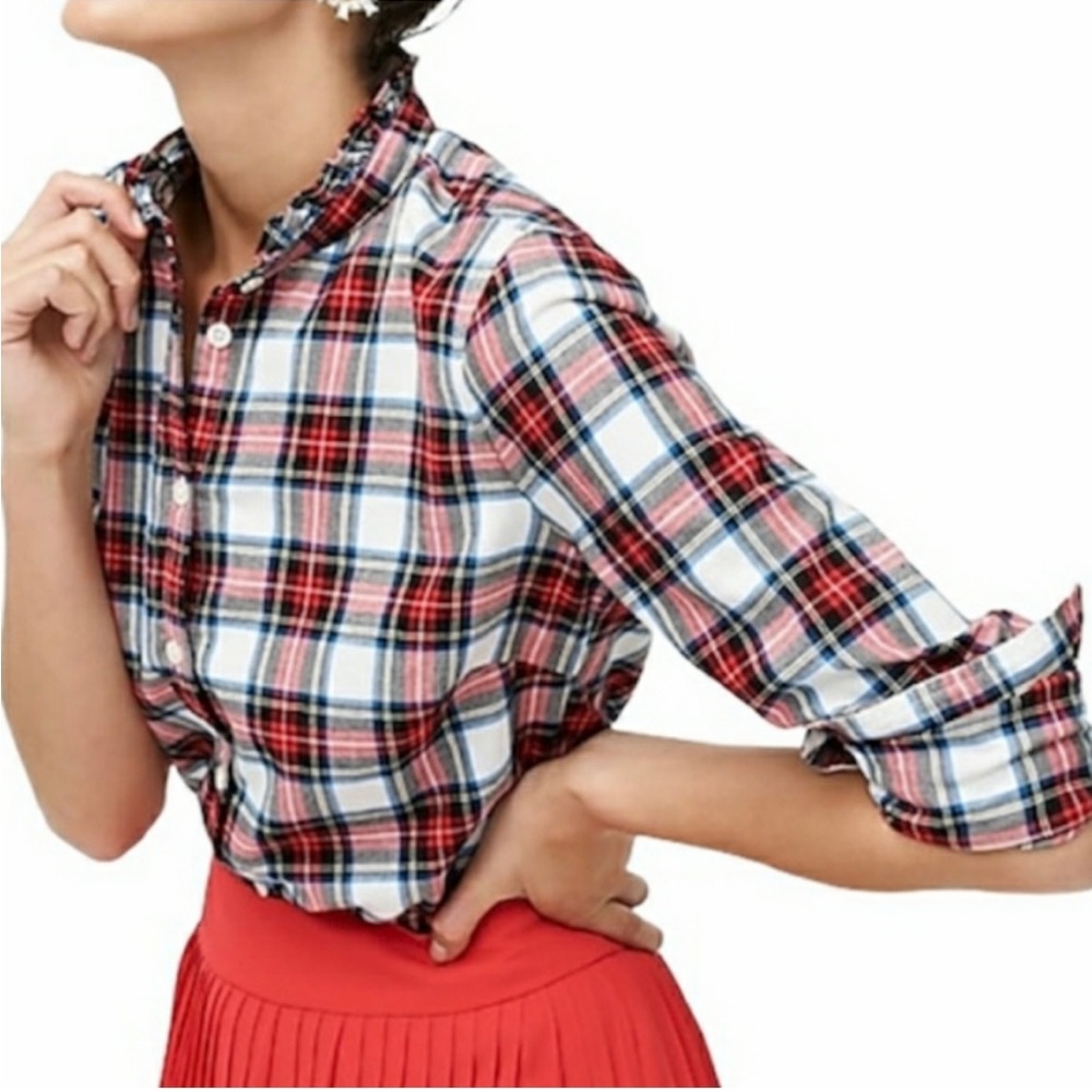 J. Crew Tartan Plaid Ruffle Neck Cotton Blouse